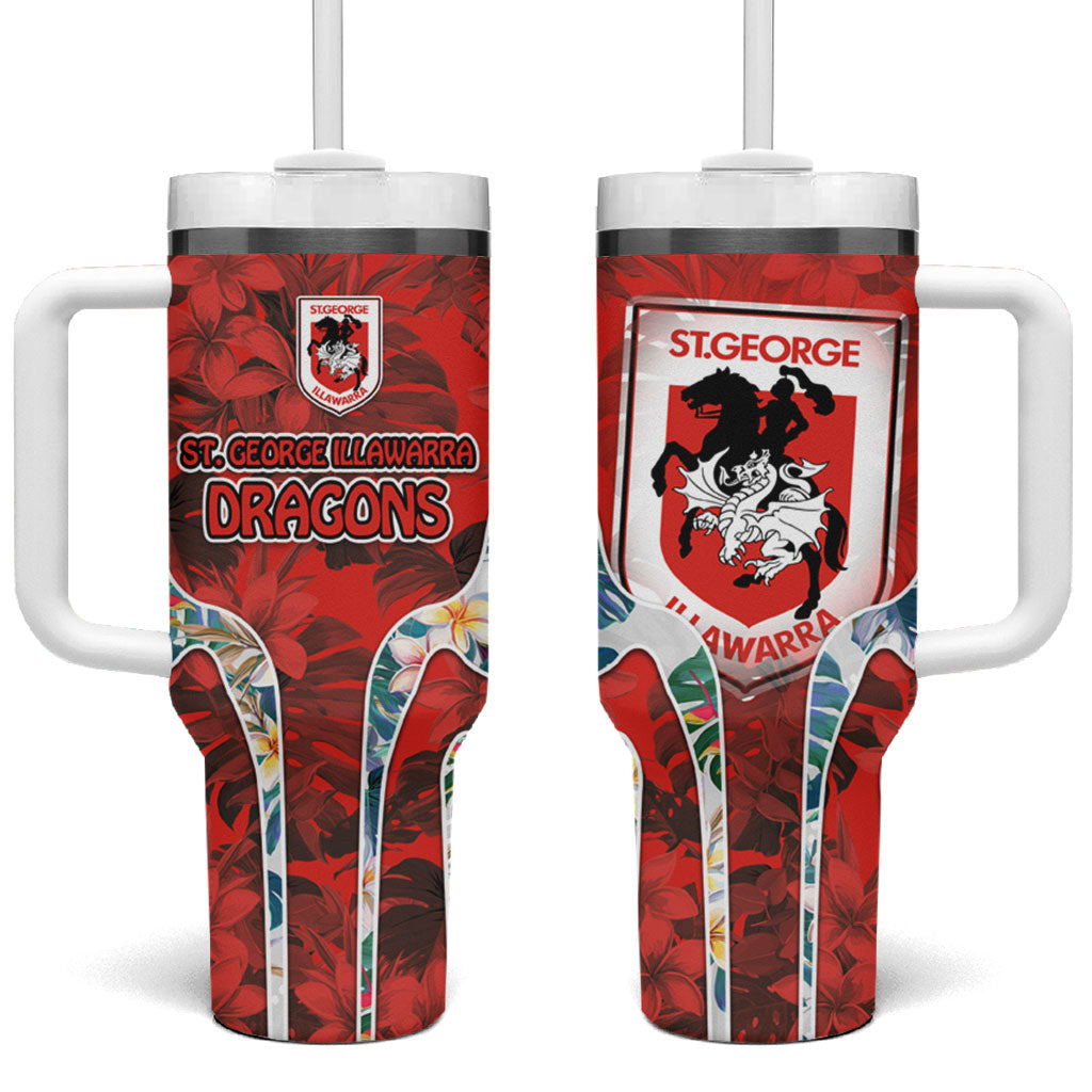 St George Illawarra Dragons Tumbler With Handle Tropical Hibiscus Floral Pattern With Red And White Accents