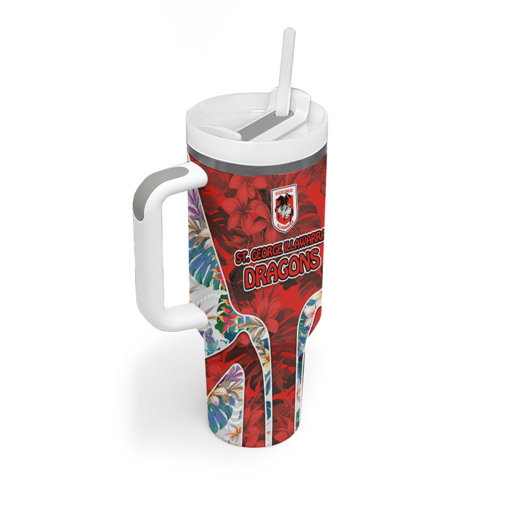 St George Illawarra Dragons Tumbler With Handle Tropical Hibiscus Floral Pattern With Red And White Accents