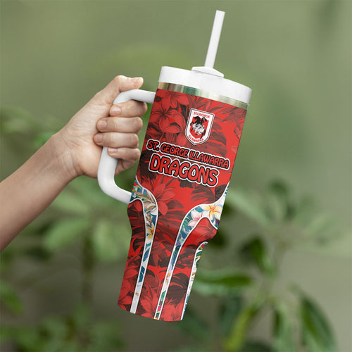 St George Illawarra Dragons Tumbler With Handle Tropical Hibiscus Floral Pattern With Red And White Accents