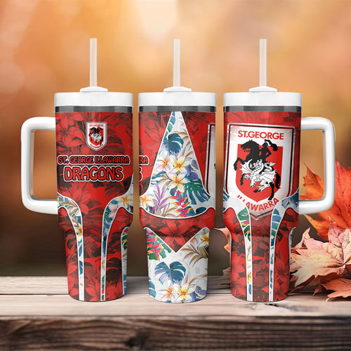 St George Illawarra Dragons Tumbler With Handle Tropical Hibiscus Floral Pattern With Red And White Accents