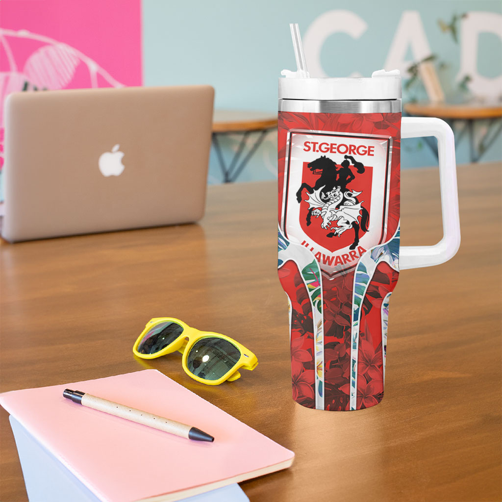 St George Illawarra Dragons Tumbler With Handle Tropical Hibiscus Floral Pattern With Red And White Accents