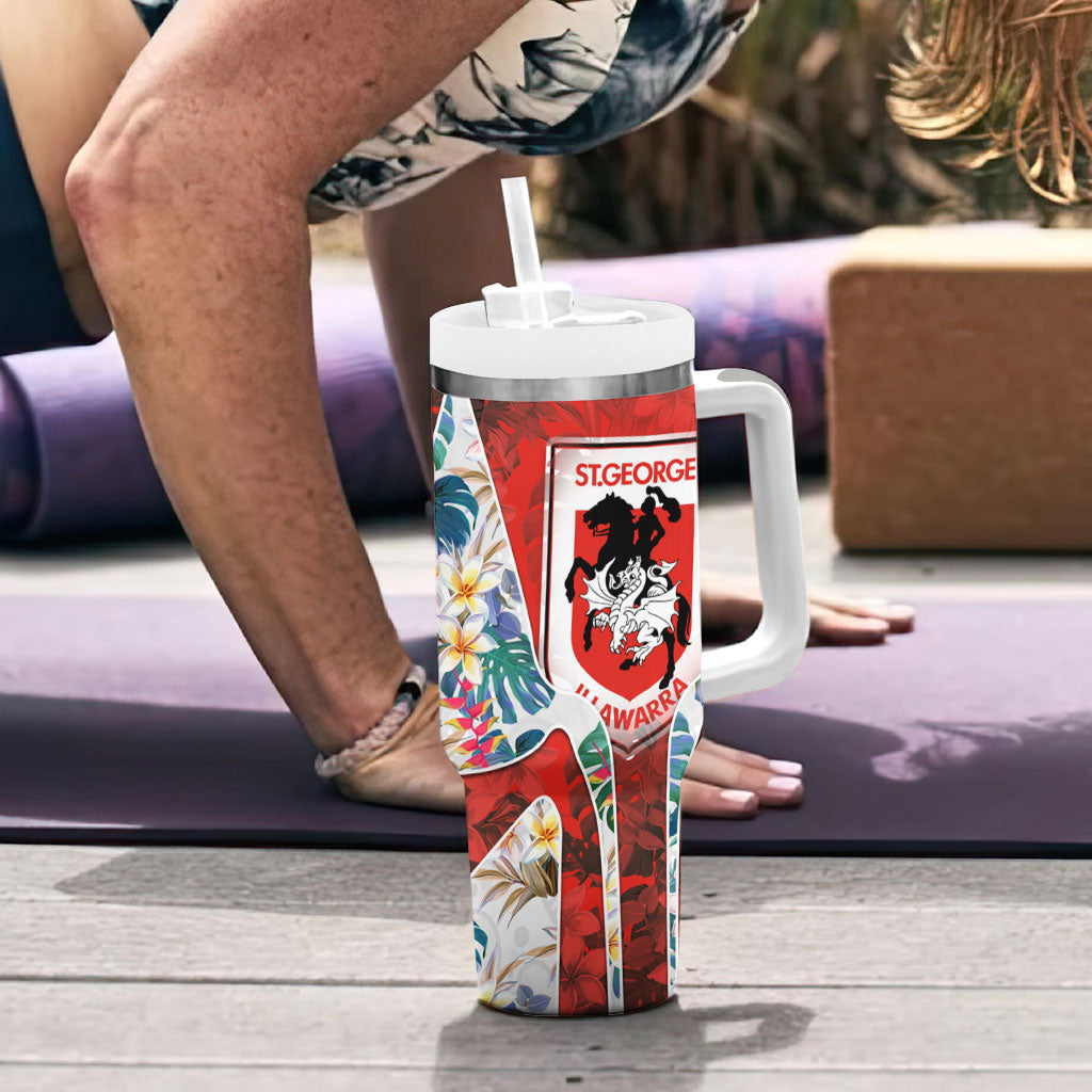 St George Illawarra Dragons Tumbler With Handle Tropical Hibiscus Floral Pattern With Red And White Accents