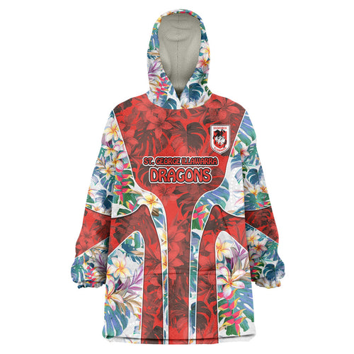 St George Illawarra Dragons Wearable Blanket Hoodie Tropical Hibiscus Floral Pattern With Red And White Accents