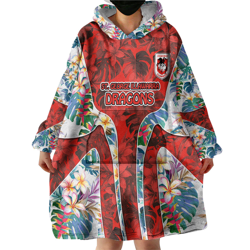 St George Illawarra Dragons Wearable Blanket Hoodie Tropical Hibiscus Floral Pattern With Red And White Accents