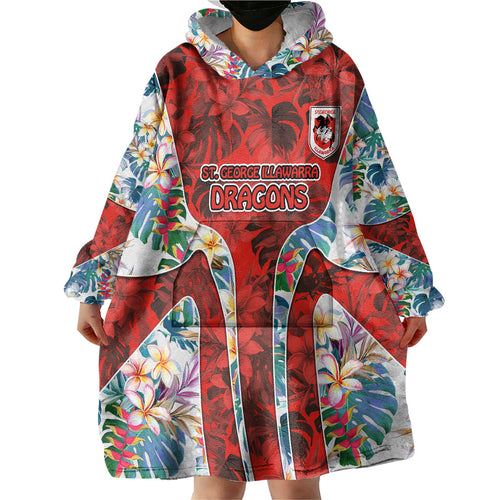 St George Illawarra Dragons Wearable Blanket Hoodie Tropical Hibiscus Floral Pattern With Red And White Accents