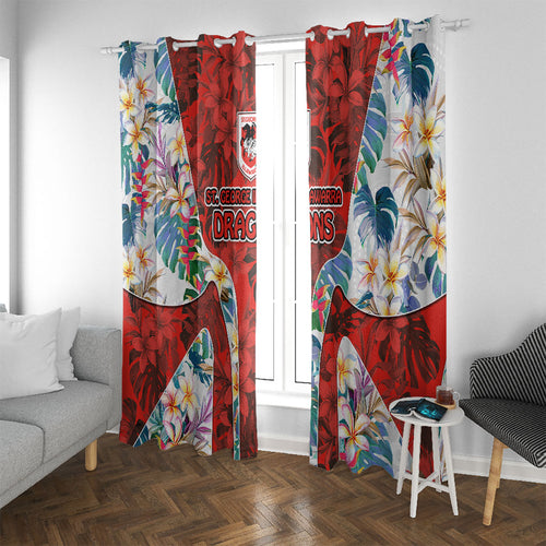 St George Illawarra Dragons Window Curtain Tropical Hibiscus Floral Pattern With Red And White Accents