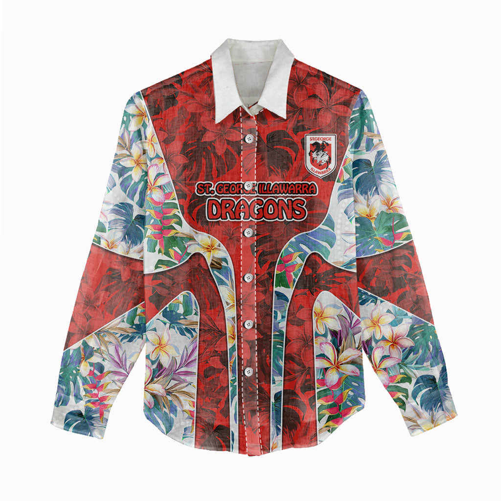 St George Illawarra Dragons Women Casual Shirt Tropical Hibiscus Floral Pattern With Red And White Accents