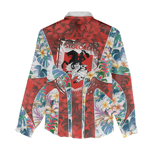 St George Illawarra Dragons Women Casual Shirt Tropical Hibiscus Floral Pattern With Red And White Accents