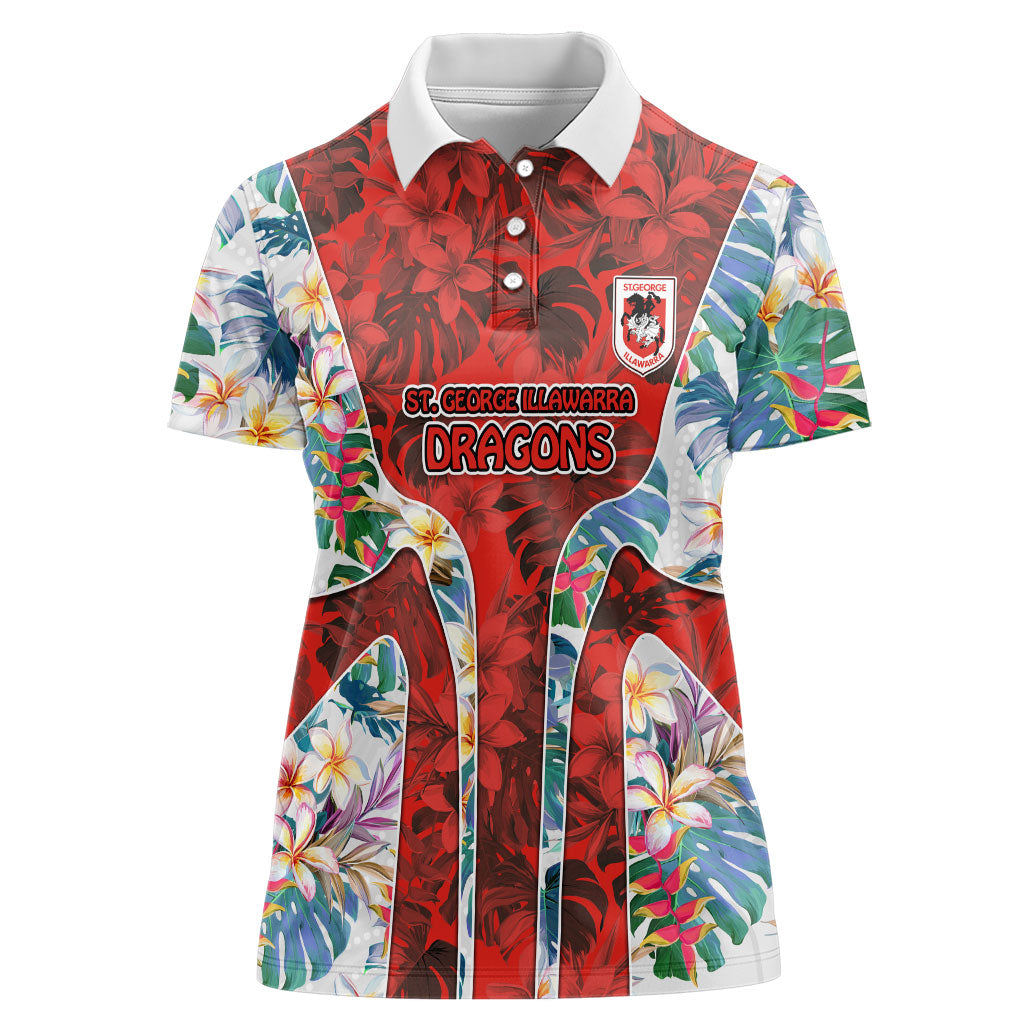 St George Illawarra Dragons Women Polo Shirt Tropical Hibiscus Floral Pattern With Red And White Accents