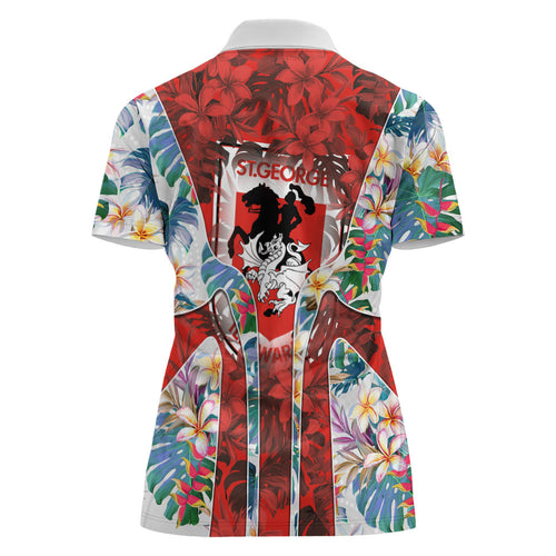 St George Illawarra Dragons Women Polo Shirt Tropical Hibiscus Floral Pattern With Red And White Accents