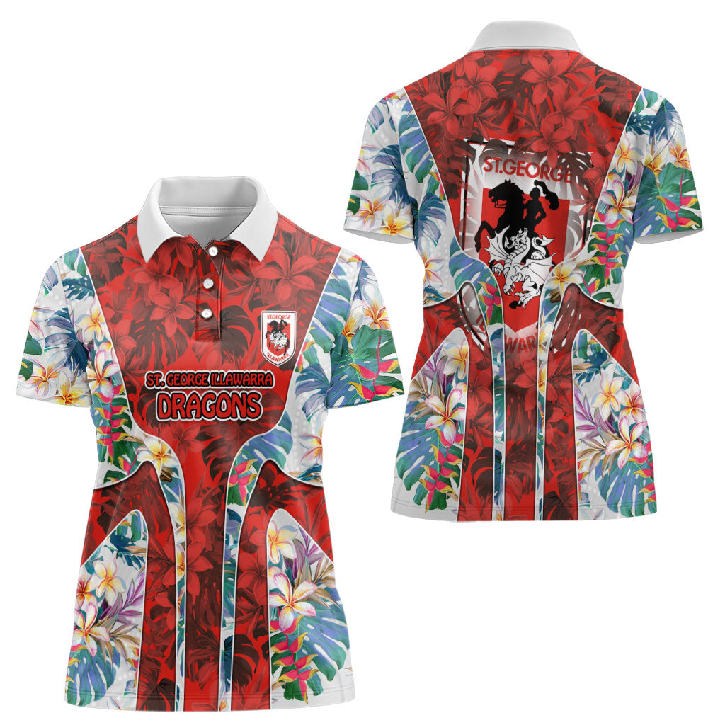 St George Illawarra Dragons Women Polo Shirt Tropical Hibiscus Floral Pattern With Red And White Accents