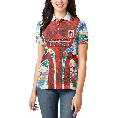 St George Illawarra Dragons Women Polo Shirt Tropical Hibiscus Floral Pattern With Red And White Accents