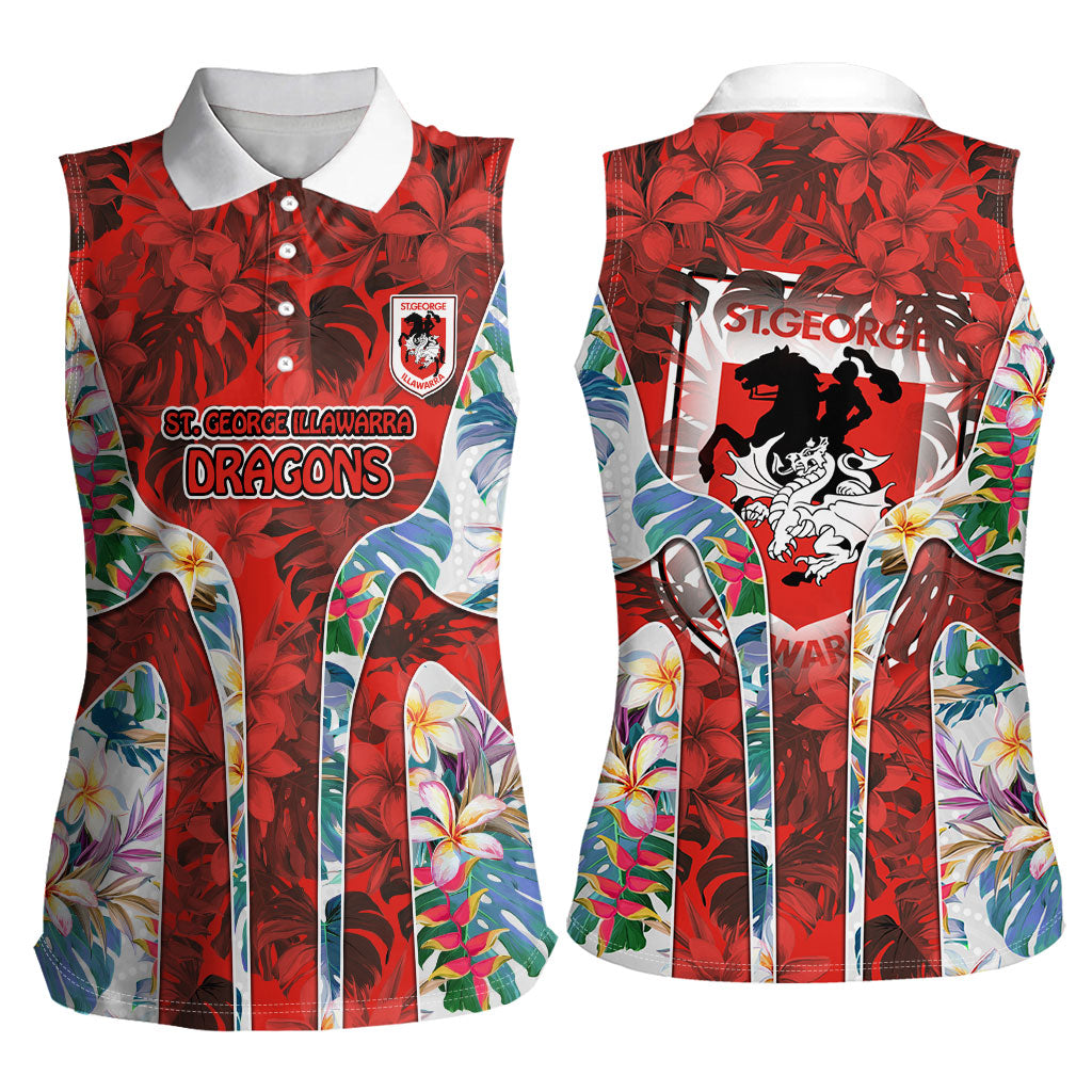 St George Illawarra Dragons Women Sleeveless Polo Shirt Tropical Hibiscus Floral Pattern With Red And White Accents