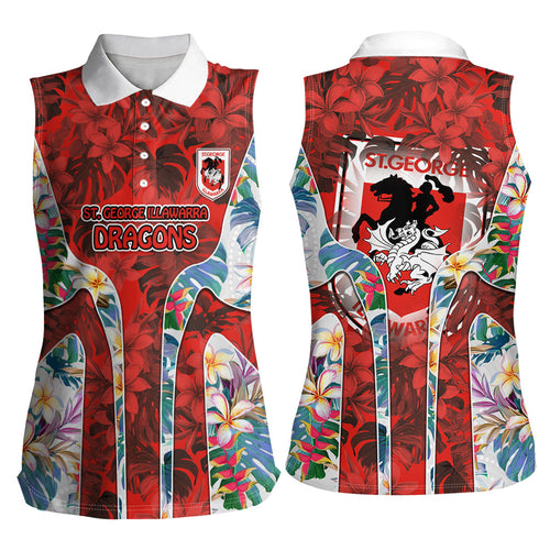 St George Illawarra Dragons Women Sleeveless Polo Shirt Tropical Hibiscus Floral Pattern With Red And White Accents