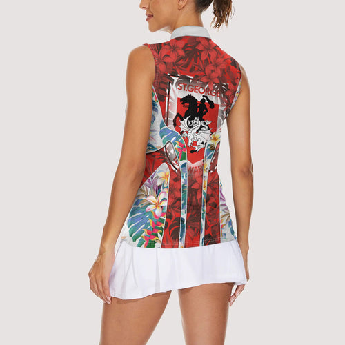 St George Illawarra Dragons Women Sleeveless Polo Shirt Tropical Hibiscus Floral Pattern With Red And White Accents