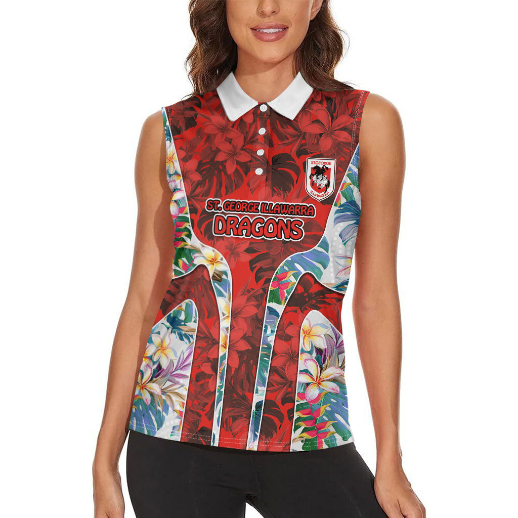 St George Illawarra Dragons Women Sleeveless Polo Shirt Tropical Hibiscus Floral Pattern With Red And White Accents