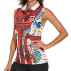 St George Illawarra Dragons Women Sleeveless Polo Shirt Tropical Hibiscus Floral Pattern With Red And White Accents
