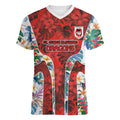St George Illawarra Dragons Women V-Neck T-Shirt Tropical Hibiscus Floral Pattern With Red And White Accents
