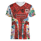 St George Illawarra Dragons Women V-Neck T-Shirt Tropical Hibiscus Floral Pattern With Red And White Accents