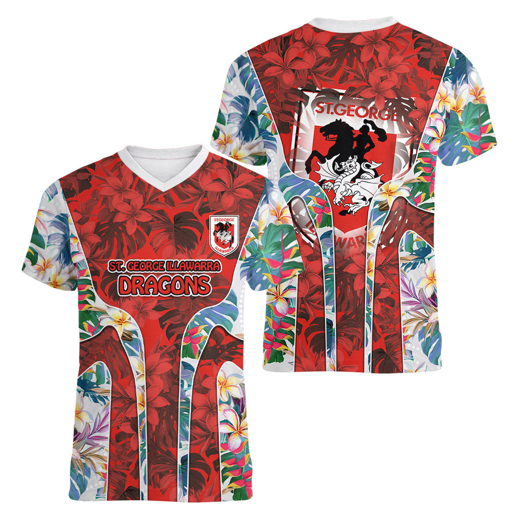 St George Illawarra Dragons Women V-Neck T-Shirt Tropical Hibiscus Floral Pattern With Red And White Accents