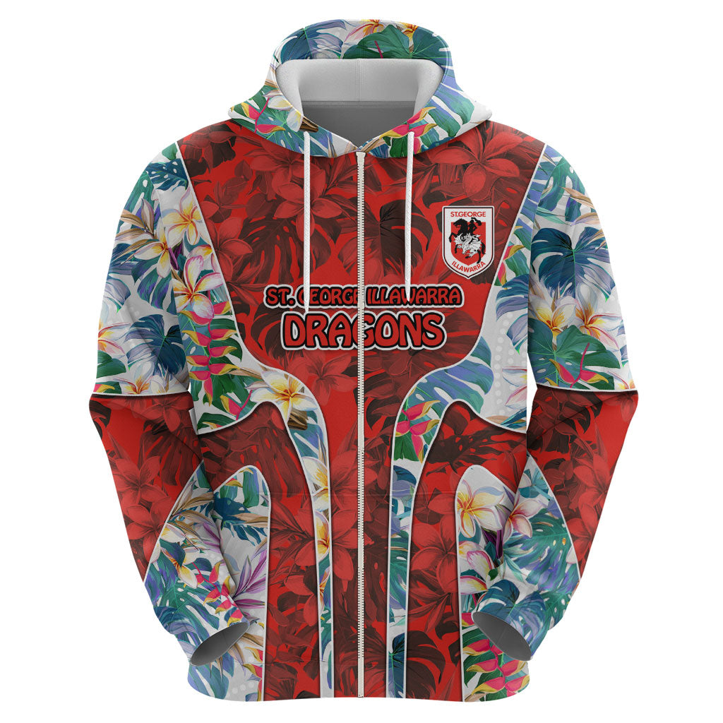 St George Illawarra Dragons Zip Hoodie Tropical Hibiscus Floral Pattern With Red And White Accents