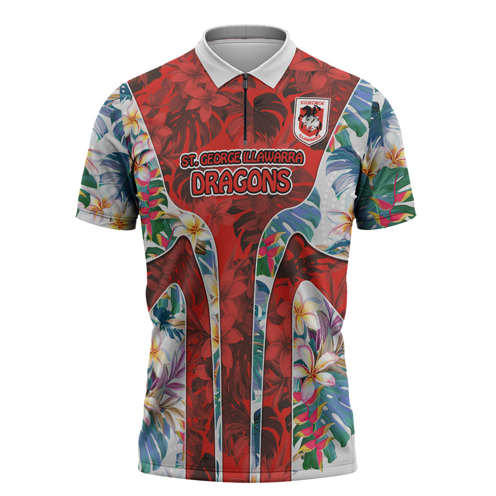 St George Illawarra Dragons Zipper Polo Shirt Tropical Hibiscus Floral Pattern With Red And White Accents