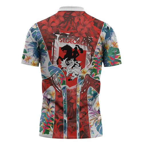 St George Illawarra Dragons Zipper Polo Shirt Tropical Hibiscus Floral Pattern With Red And White Accents
