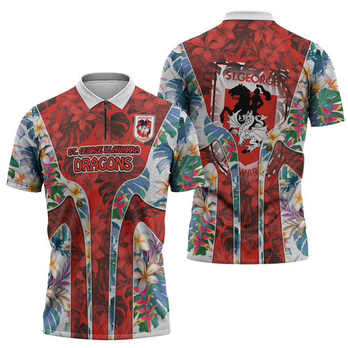 St George Illawarra Dragons Zipper Polo Shirt Tropical Hibiscus Floral Pattern With Red And White Accents