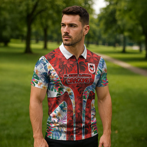 St George Illawarra Dragons Zipper Polo Shirt Tropical Hibiscus Floral Pattern With Red And White Accents