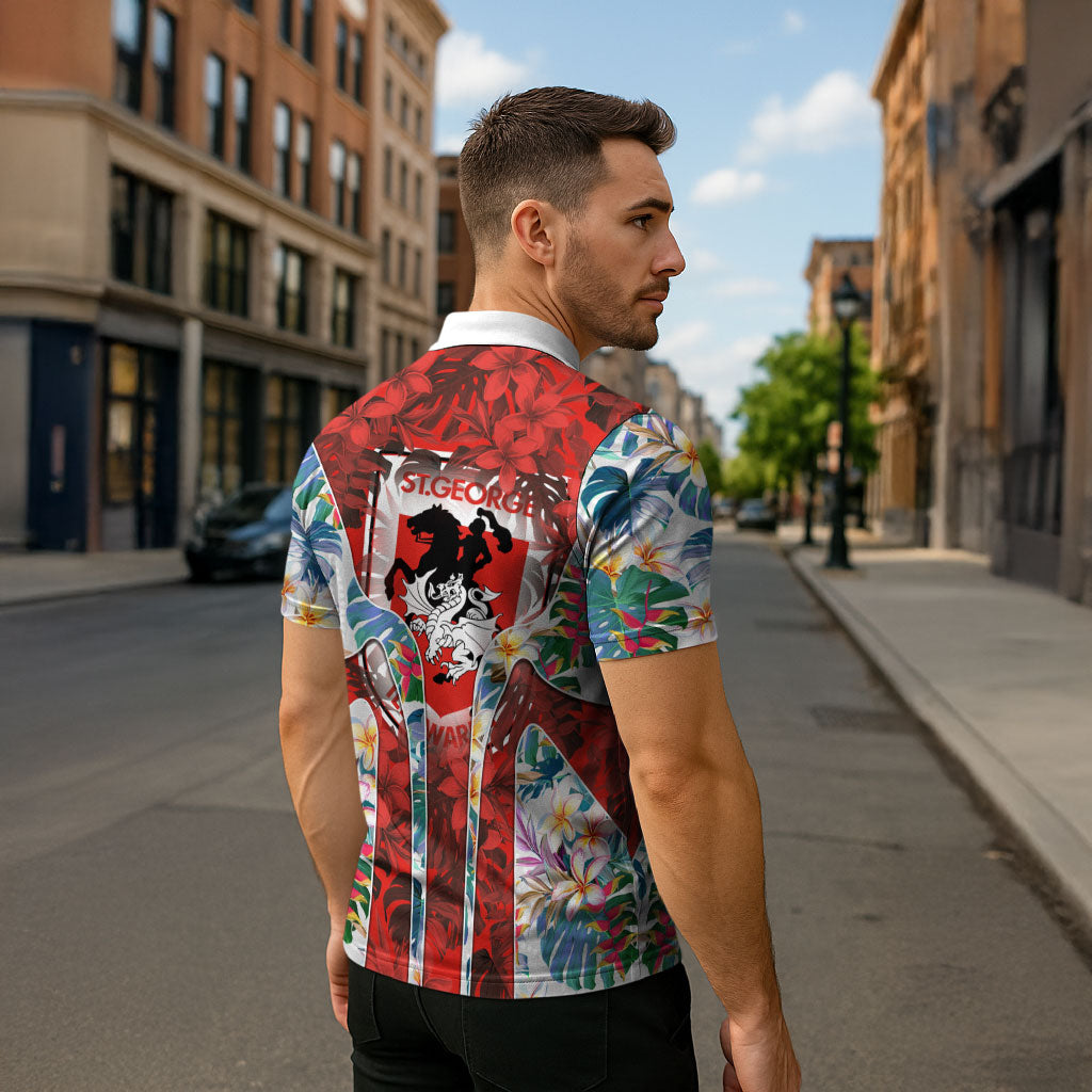 St George Illawarra Dragons Zipper Polo Shirt Tropical Hibiscus Floral Pattern With Red And White Accents