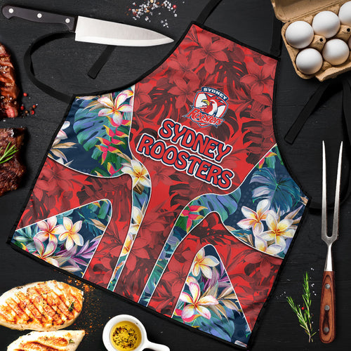 Sydney Roosters Apron Tropical Hibiscus Floral Pattern With Red And Blue Accents