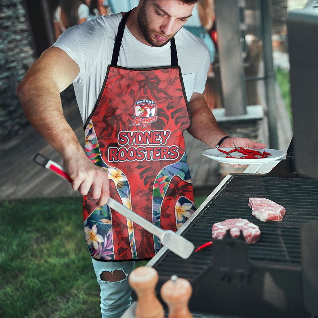 Sydney Roosters Apron Tropical Hibiscus Floral Pattern With Red And Blue Accents