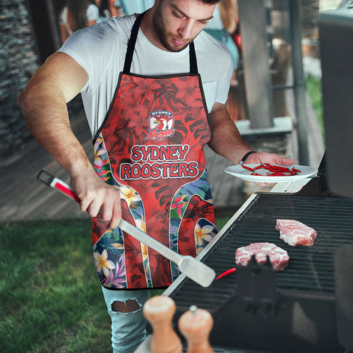 Sydney Roosters Apron Tropical Hibiscus Floral Pattern With Red And Blue Accents
