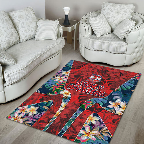 Sydney Roosters Area Rug Tropical Hibiscus Floral Pattern With Red And Blue Accents