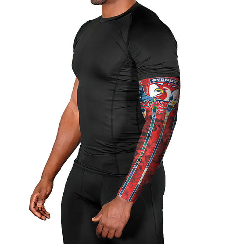 Sydney Roosters Arm Sleeves Tropical Hibiscus Floral Pattern With Red And Blue Accents