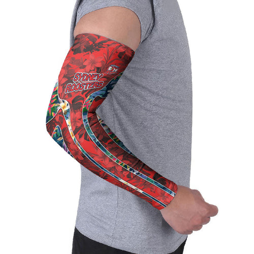 Sydney Roosters Arm Sleeves Tropical Hibiscus Floral Pattern With Red And Blue Accents