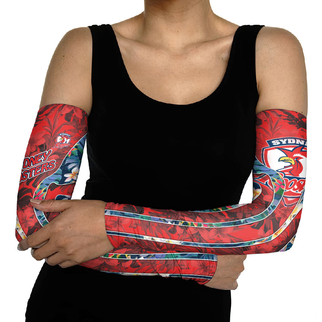 Sydney Roosters Arm Sleeves Tropical Hibiscus Floral Pattern With Red And Blue Accents
