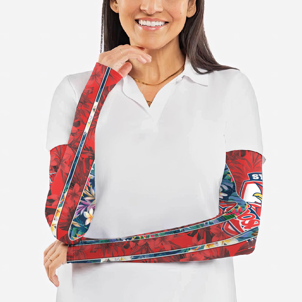 Sydney Roosters Arm Sleeves Tropical Hibiscus Floral Pattern With Red And Blue Accents