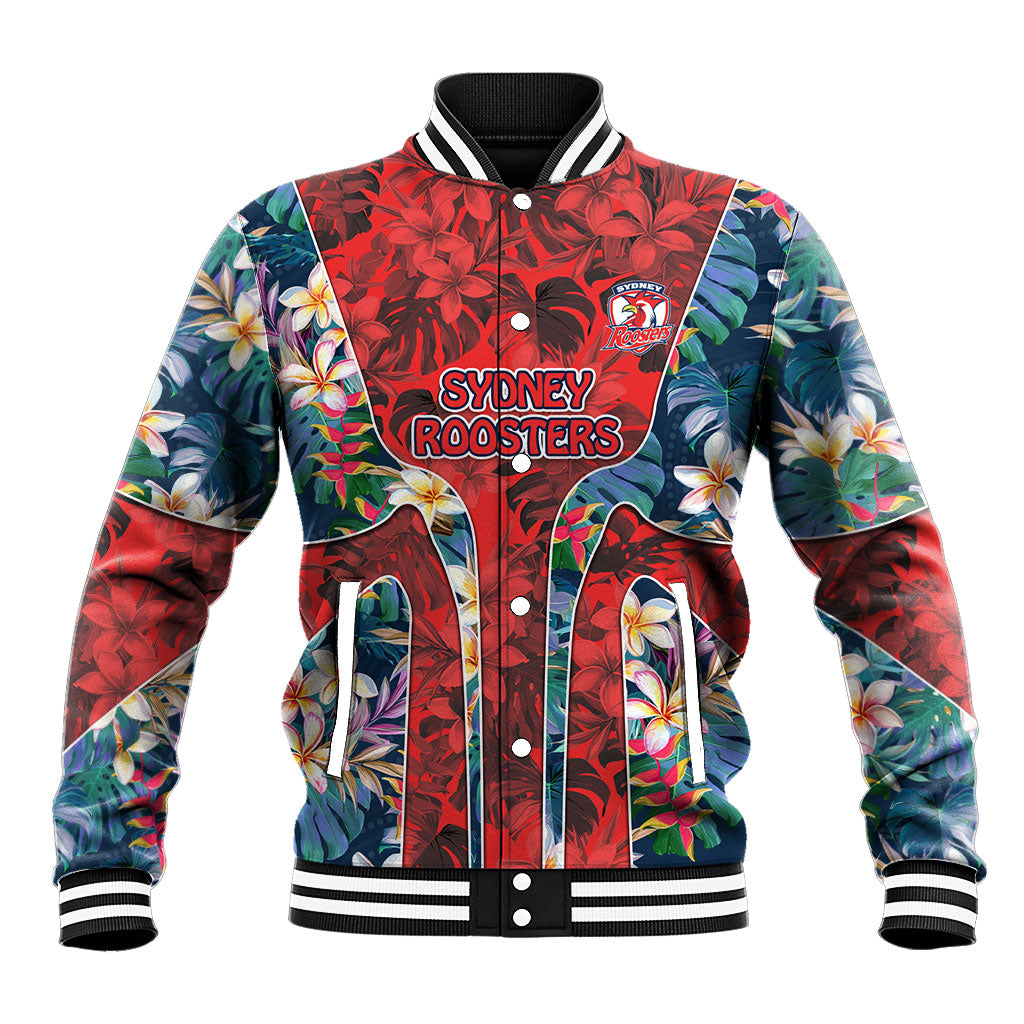 Sydney Roosters Baseball Jacket Tropical Hibiscus Floral Pattern With Red And Blue Accents