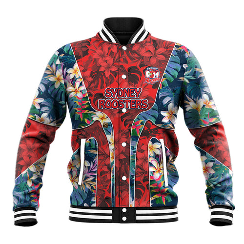 Sydney Roosters Baseball Jacket Tropical Hibiscus Floral Pattern With Red And Blue Accents