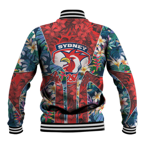 Sydney Roosters Baseball Jacket Tropical Hibiscus Floral Pattern With Red And Blue Accents