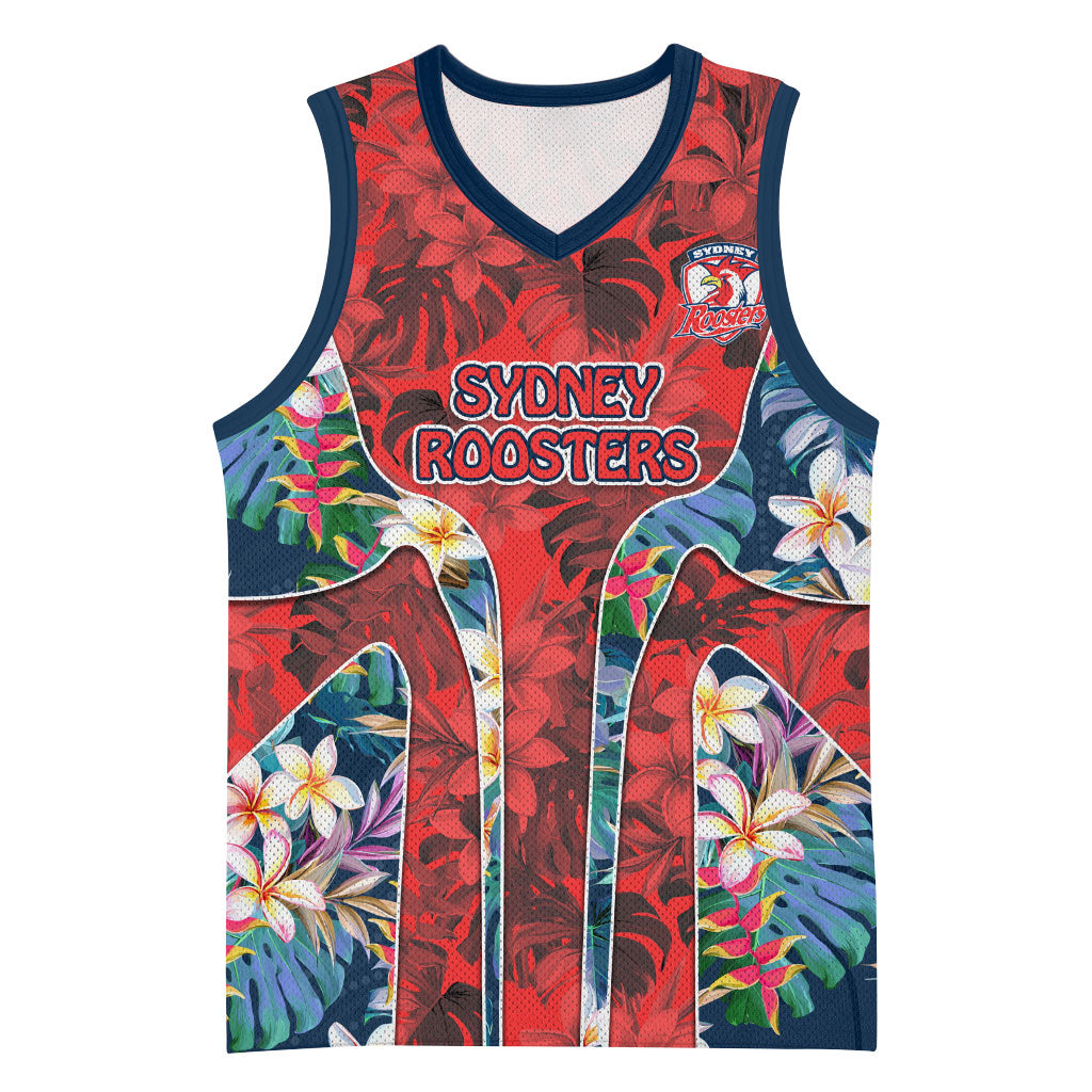 Sydney Roosters Basketball Jersey Tropical Hibiscus Floral Pattern With Red And Blue Accents