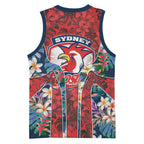 Sydney Roosters Basketball Jersey Tropical Hibiscus Floral Pattern With Red And Blue Accents