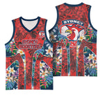 Sydney Roosters Basketball Jersey Tropical Hibiscus Floral Pattern With Red And Blue Accents