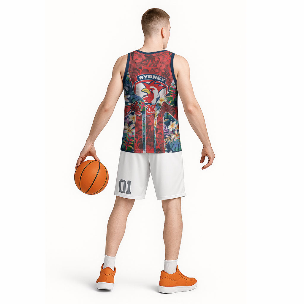 Sydney Roosters Basketball Jersey Tropical Hibiscus Floral Pattern With Red And Blue Accents