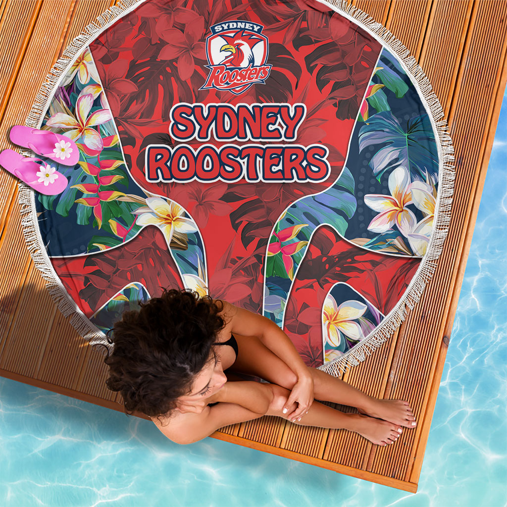 Sydney Roosters Beach Blanket Tropical Hibiscus Floral Pattern With Red And Blue Accents