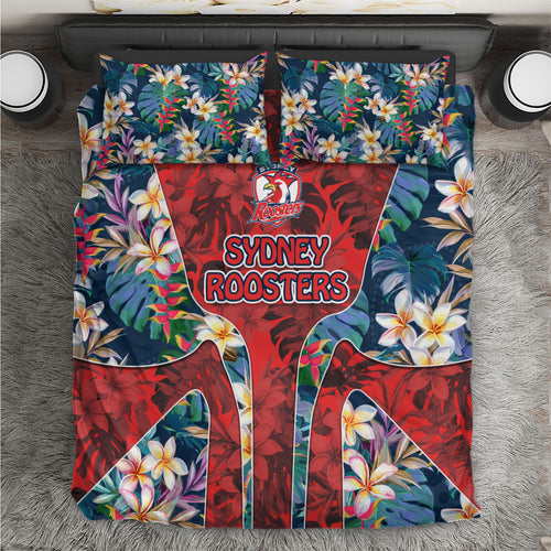 Sydney Roosters Bedding Set Tropical Hibiscus Floral Pattern With Red And Blue Accents