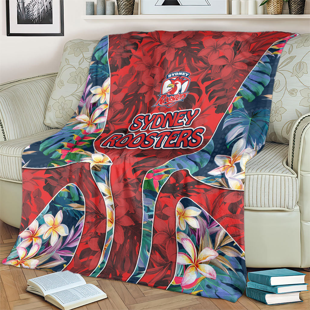 Sydney Roosters Blanket Tropical Hibiscus Floral Pattern With Red And Blue Accents