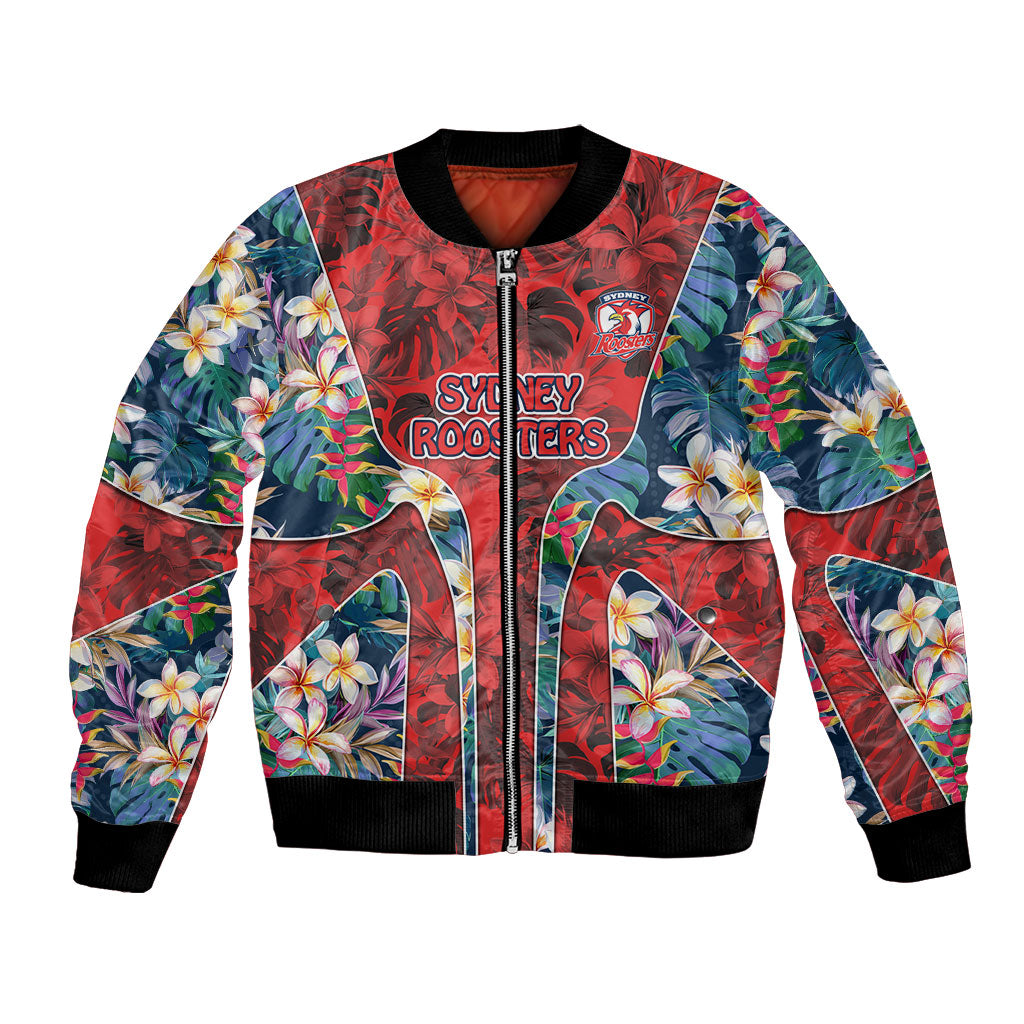 Sydney Roosters Bomber Jacket Tropical Hibiscus Floral Pattern With Red And Blue Accents