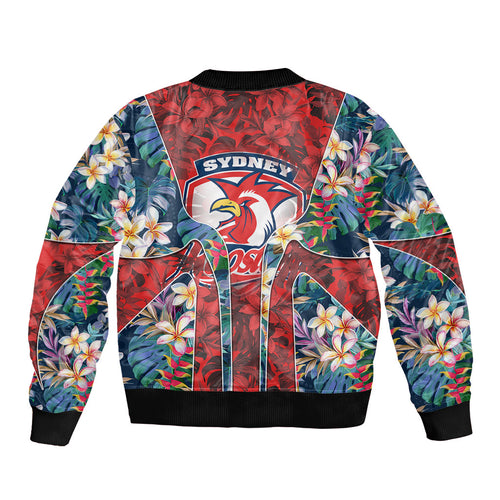 Sydney Roosters Bomber Jacket Tropical Hibiscus Floral Pattern With Red And Blue Accents